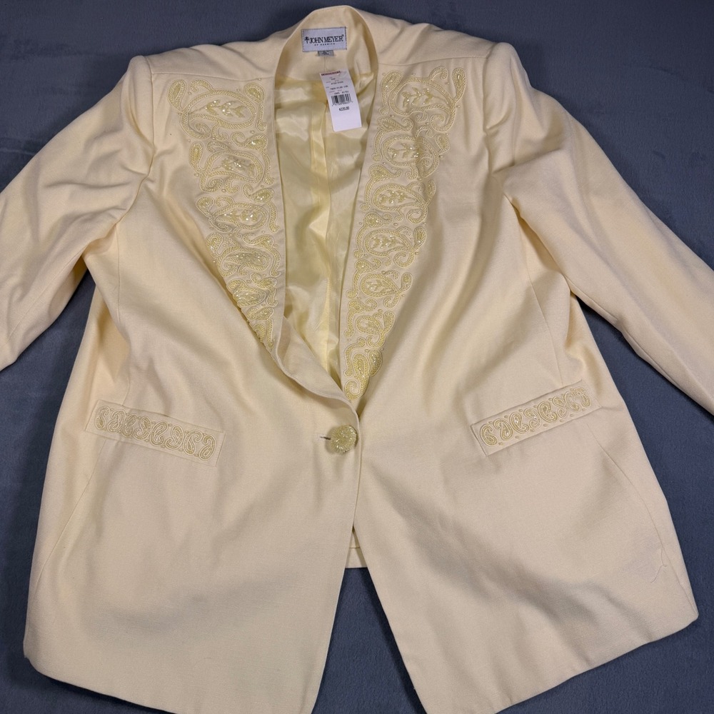 Vintage John Meyer Cream Yellow Embroidered Beaded Blazer Jacket 24W NWT 81701